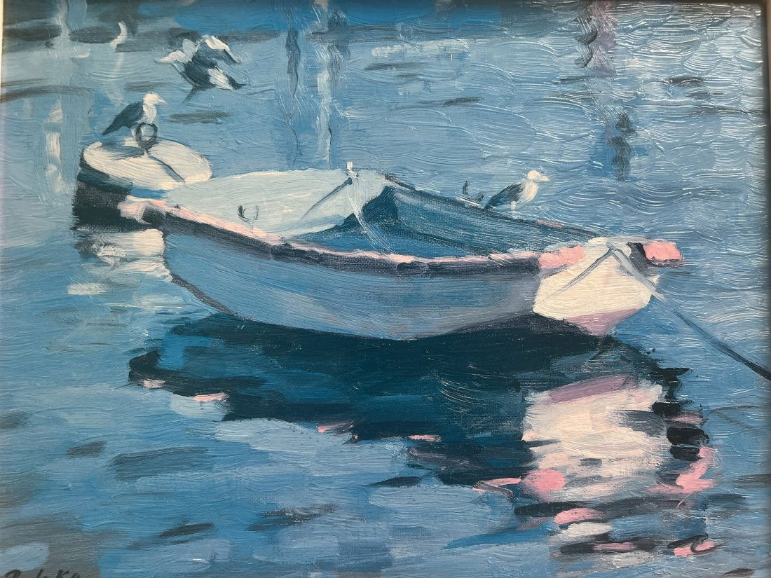 R Luke "A Boat in the Sea with Seagulls" oil on Board: This exquisite painting by R Luke captures the tranquil beauty of a boat in the sea with seagulls hovering above. The artist's masterful use of oil paints on cardboard lends a unique texture to the pa