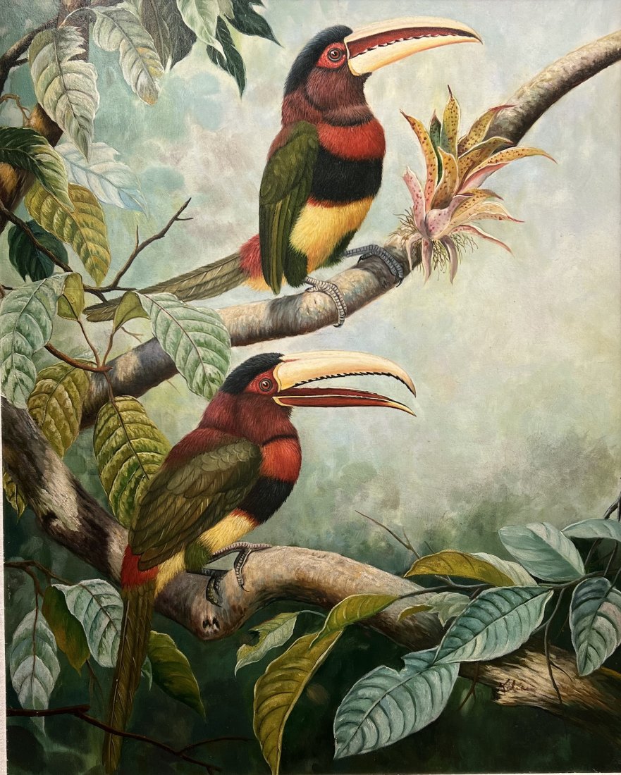 Stunning Oil on Canvas By Killian Heavey Wood Frame, Signed Lower Right: This beautiful and vibrant painting by artist Killian captures the essence of nature with a stunning toucan set against a lush jungle backdrop. The artwork is created using high-quality oil paints on 