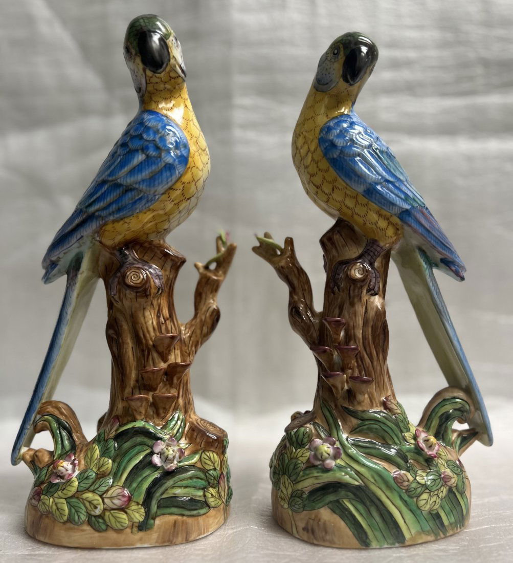 Pair of  Antique Decorative Large Blue  Porcelain Parrots W Green  Head (1 of 4)