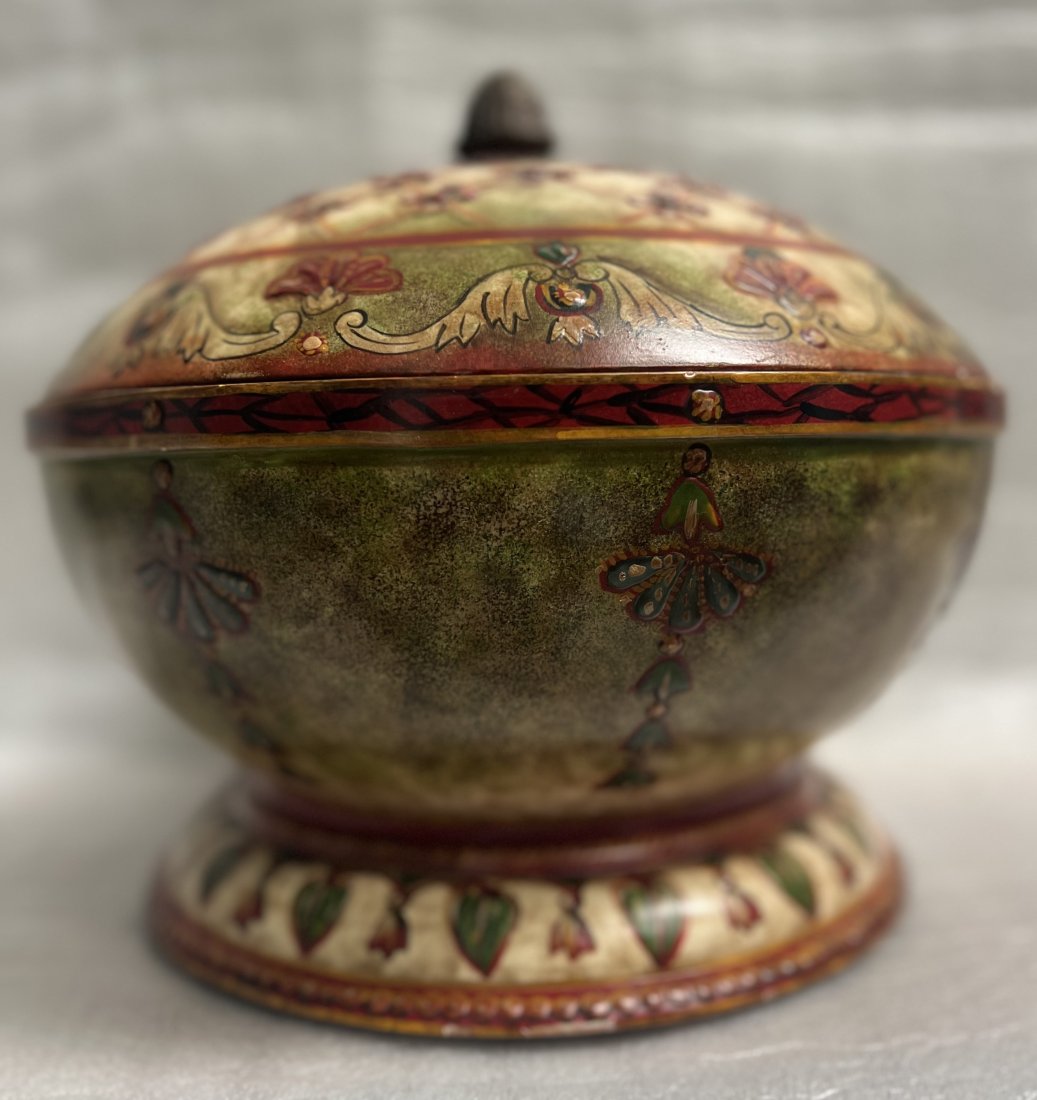 DECORATIVE LARGE COMPOSITE OR ALABASTER TRINKET OR PLANTER BOWL WITH LID: This stunning decorative piece is a must-have for any collector or lover of unique decor. The large, round bowl with lid is made of a composite or alabaster material and features a beautiful mix of co