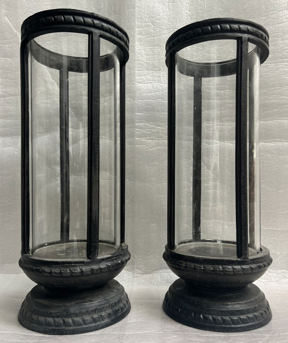 PAIR OF DECORTIVE GLASS AND BRONZE CILINDERS 16" TALL EACH (1 of 3)