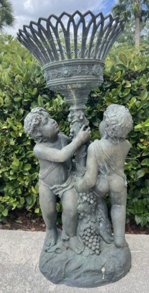 LARGE BRONZE PATIO / GARDEN STATUE  TWO BOYS HOLDING A URN / PLANTER (1 of 8)