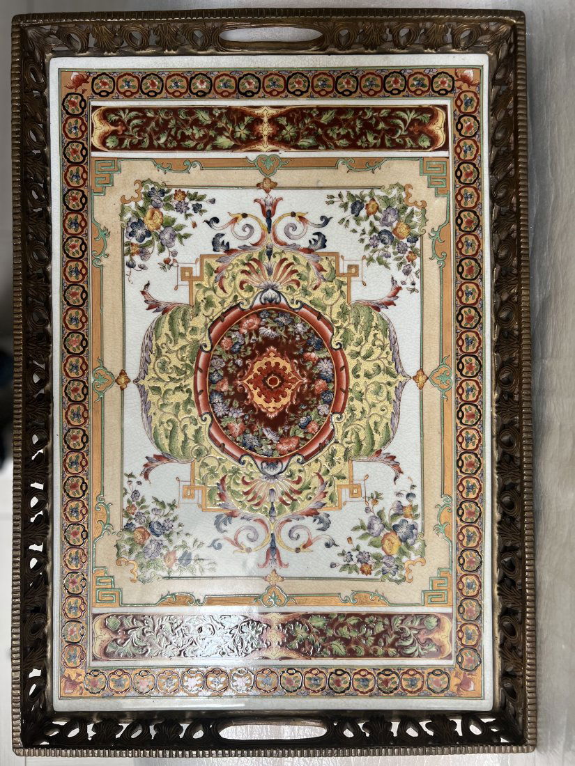 CASTILIAN ORNATE BRASS CRACKLE TABREEZE ORIENTAL HAND PAINTED PORCELAIN TRAY (1 of 5)