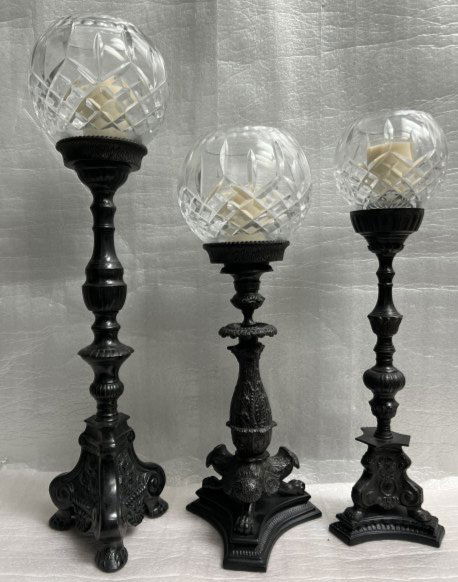 BEAUTIFUL GROUP OF 3 (THREE) CASTILIAN IMPORTS CANDLE HOLDERS BRONZE & CRYSTAL (1 of 7)