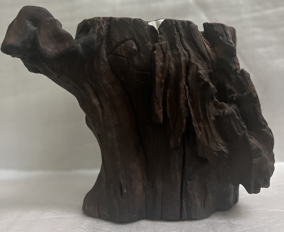 ANTIQUE CHINESE MEIJI PERIOD BRUSH POT, A TREE TRUNK WITH A CARVED BIRD 12" T 13" (1 of 4)