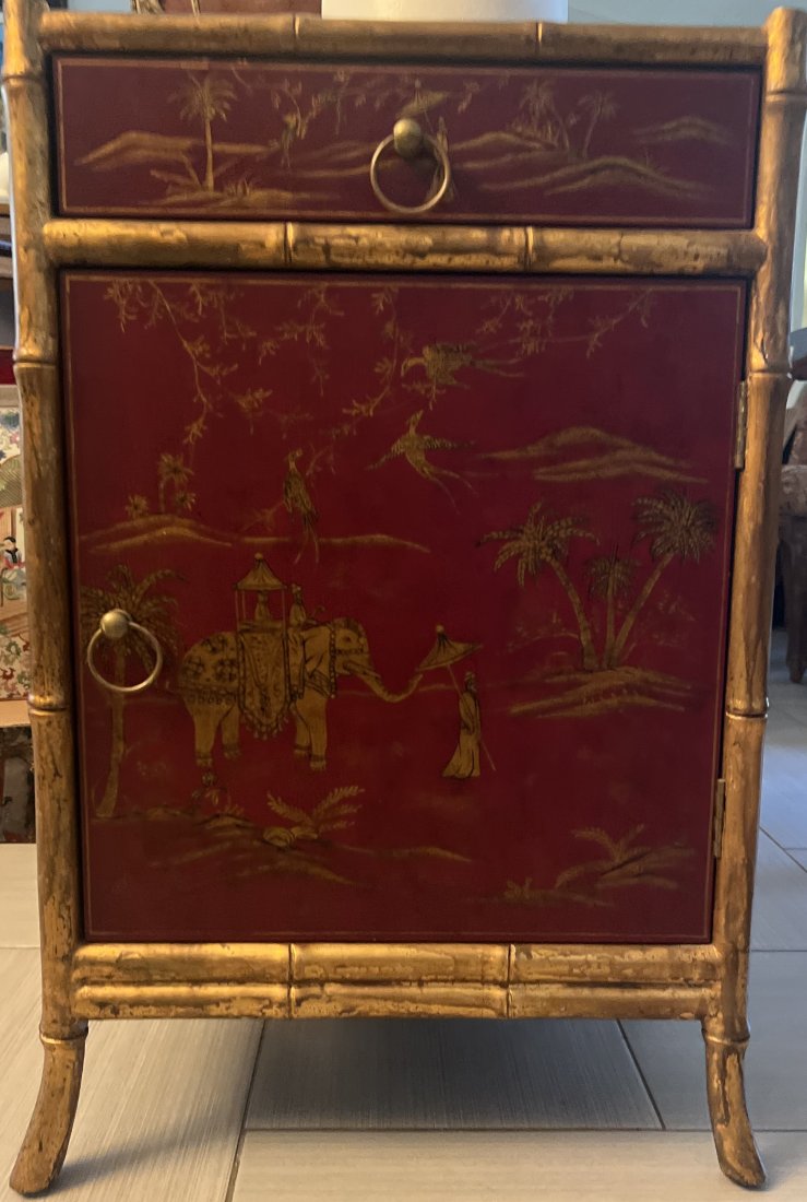 ORIENTAL 28" H. ASIAN SHOE CABINET HAND PAINTED LANDSCAPE ON ANTIQUE RED (1 of 5)