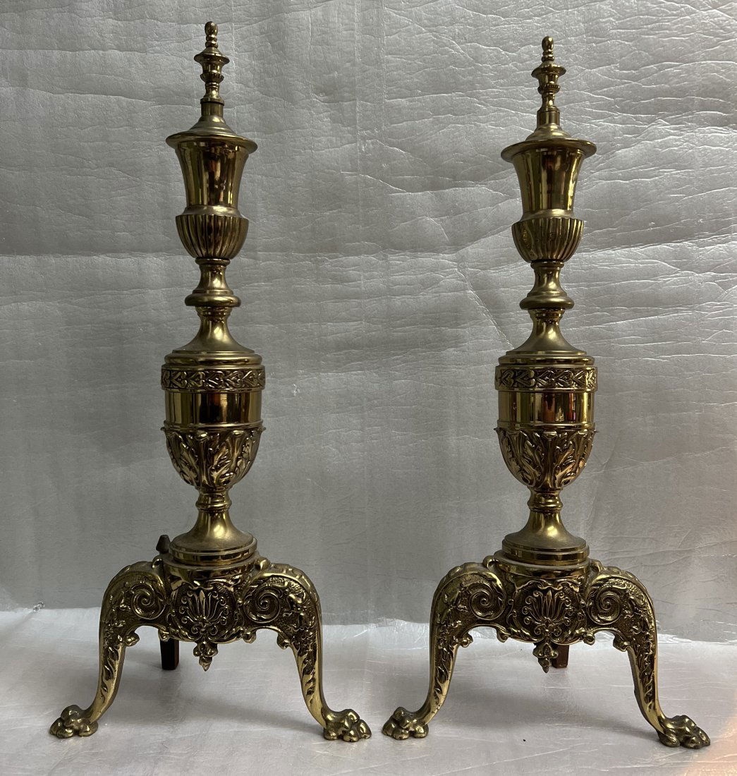 Stunning Pair of Fireplace Urns 23" Tall: This stunning pair of fireplace urns adds a touch of elegance to any home decor. Crafted from high-quality brass, these antique originals feature a beautiful gold color that will catch the eye of anyo