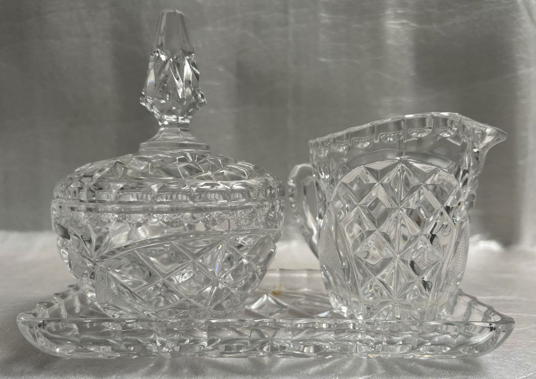 ELEGANT THREE PIECE CUT CRYSTAL CREAMER, SUGAR BOWL WITH TRAY (1 of 3)