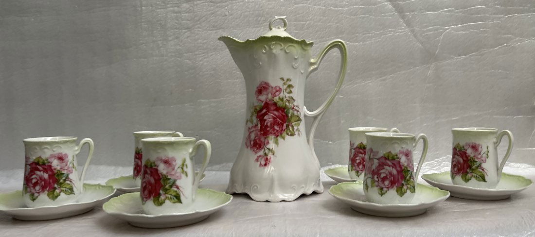 Antique Victoria Chocolate / Tea Pot w 6 Cups and Saucers Hand Painted (1 of 5)