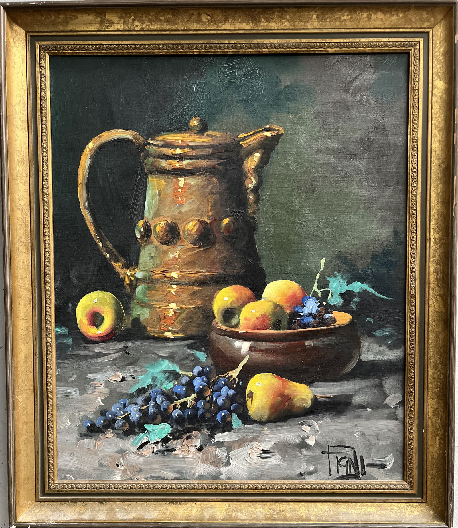 PIGNI VINTAGE OIL ON CANVAS CONTINENTAL SCHOOL SIGNED LOWER RIGHT 24" X 28": This beautiful painting features a colorful display of fruits on a table, created by the talented artist Pigni. The painting is an original, signed by the artist in the lower right corner. It measures
