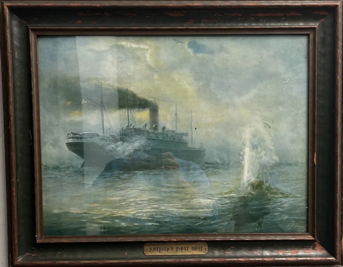 ALBERT F. BISHOP "AMERICAS FIRST SHOT" VINTAGE PRINT UNDER GLASS: This vintage print by ALBERT F. BISHOP titled "AMERICAS FIRST SHOT" is a true masterpiece. The artist himself has signed this portrait on board, making it an original and unique piece. The print is fr