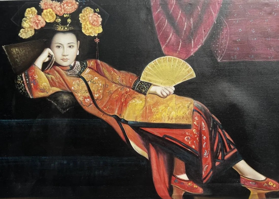 LATE 20th CENTURY PORTRAIT OIL PAINTING OF A RECLINING ASIAN WOMEN: This unique and stunning painting captures the beauty of a reclining Asian women in a contemporary style. The large canvas measures 33 inches in width and 21 inches in height, and is painted with high
