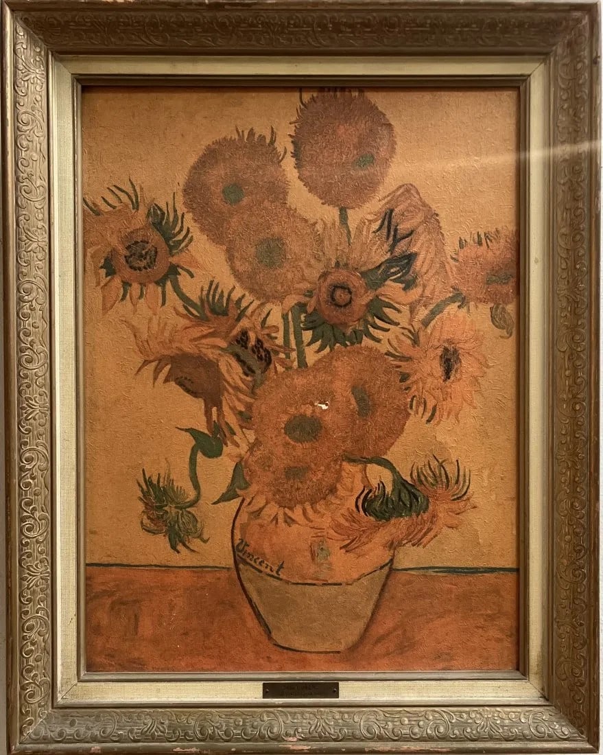 VINCENT VAN GOGH ( 1853-1890)" AFTER ""SUNFLOWERS" OIL ON CANVAS: This stunning piece of art is a single-piece work titled "Sunflowers" by the renowned artist Vincent van Gogh" After". The painting is an oil on canvas, framed and signed by the artist . With a focus 