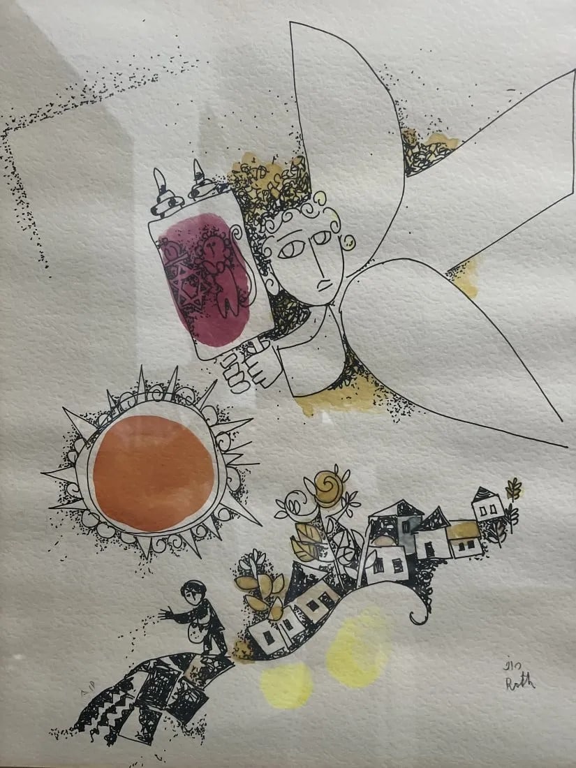 LEO (LIOR) ROTH (1914-2002) "OUT OF ZION CAME THE LAW" ON PAPER SIGNED LOWER R: This is an original mixed material on paper by Leo (Lior) Roth, titled "Out of Zion Came the Law". The art features a scripture theme and depicts people. It is signed by the artist and measures 27 inc