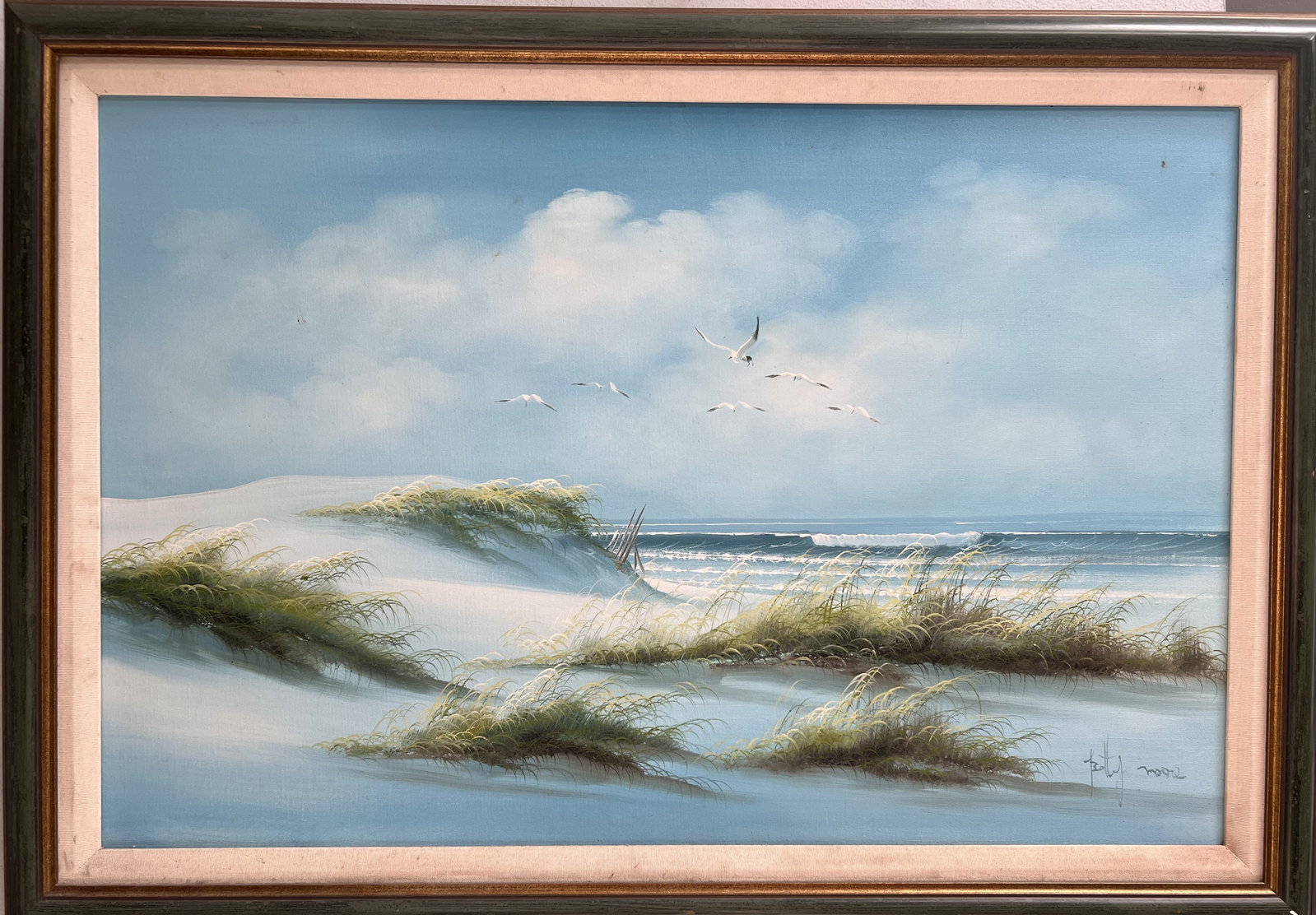 Betty Moore depicts the serene beauty of sand dunes and seagulls: This beautiful painting by Betty Moore depicts the serene beauty of sand dunes and seagulls. The large canvas measures 29 inches in height and 42 inches in width, and is an original piece produced in 