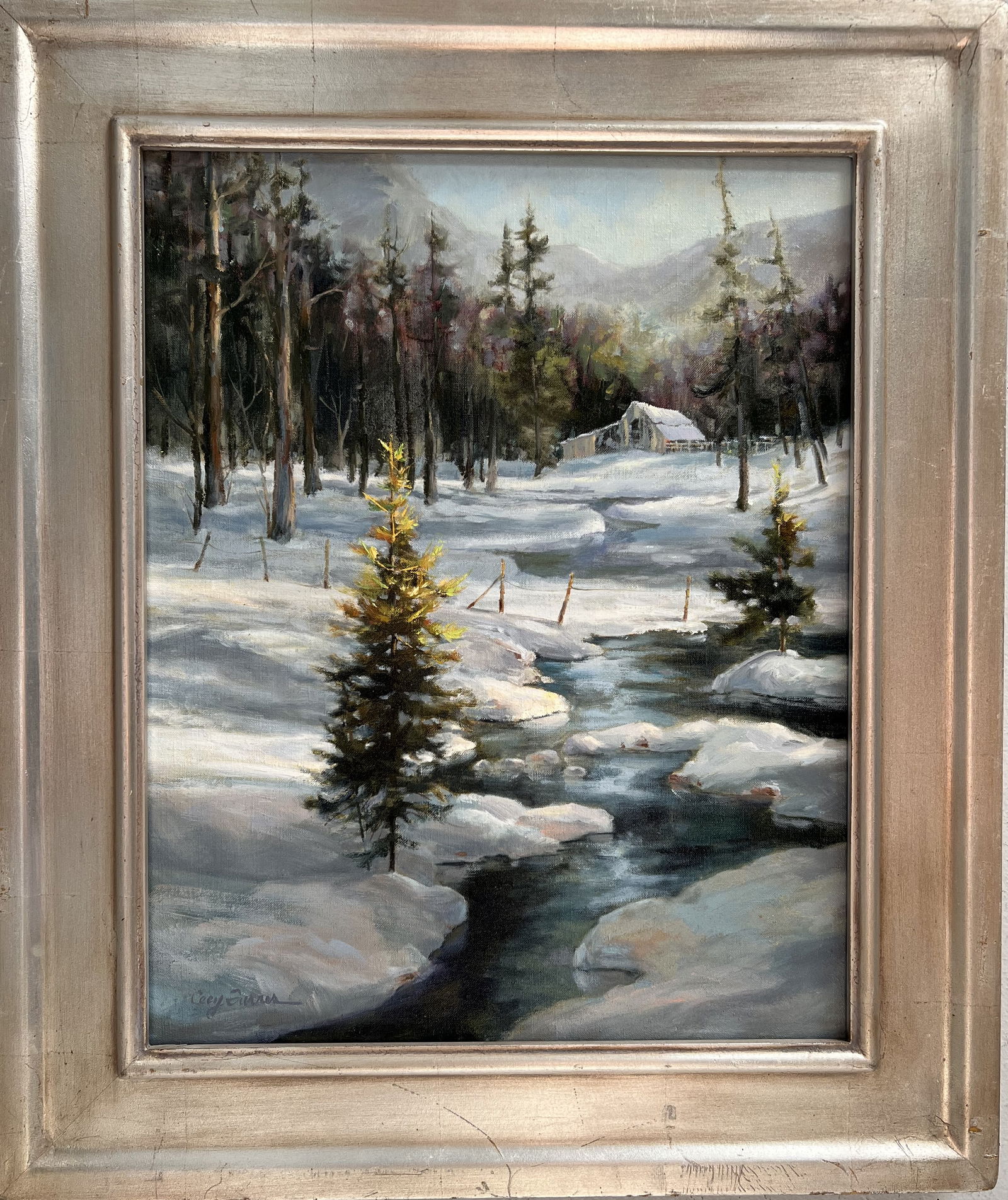 Cecy Turner "Our Barn" Stunning Oil on Canvas Signed and Dated: This beautiful painting titled "Our Barn" by Cecy Turner is a stunning work of art that will bring the beauty of nature into your home. The medium-sized canvas painting was produced with oil paint in