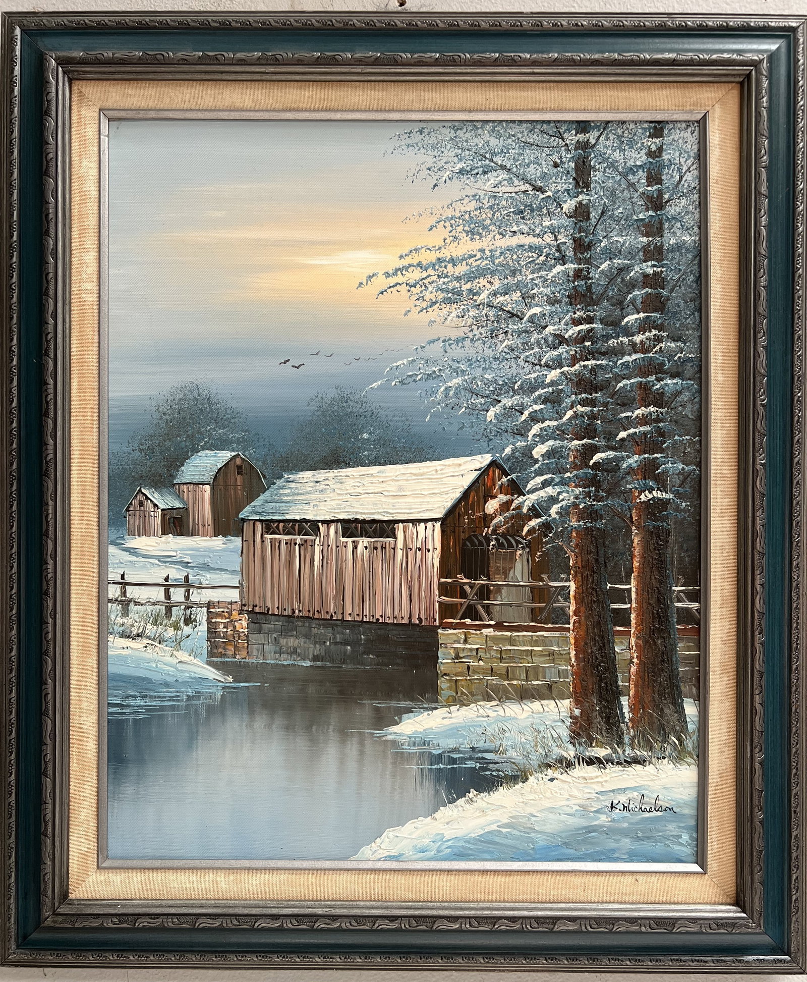 K. Michaelson " Covered Bridge " 70s Cal Artist, Stunning Oil on Canvas Signed: This beautiful painting titled "Covered Bridge" by K. Michaelson is a stunning work of art. The medium used is canvas and the production technique is oil painting. The piece is signed by the artist an