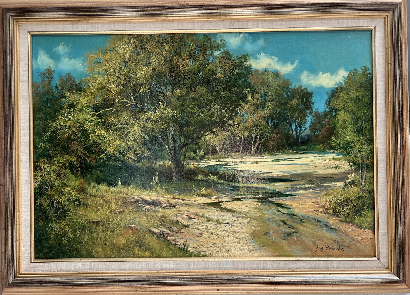 Jack Hetterich " Just a Trickle" Stunning Oil on Canvas: This breathtaking painting titled "Just a Trickle" by renowned artist Jack Hetterich features a stunning depiction of nature in a contemporary style. The large canvas measures 26 inches in height and 