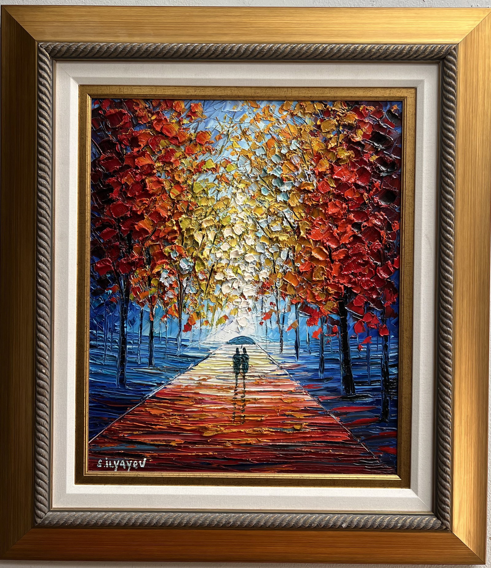 SLAVA ILYAYEV (B 1970 Israel) " Pistol in the Sand" Stunning Oil on Canvas: This stunning oil on canvas painting by SLAVA ILYAYEV is a one-of-a-kind piece titled "Pistol in the Sand". The contemporary artwork depicts a couple walking down a path in nature, and is signed by th