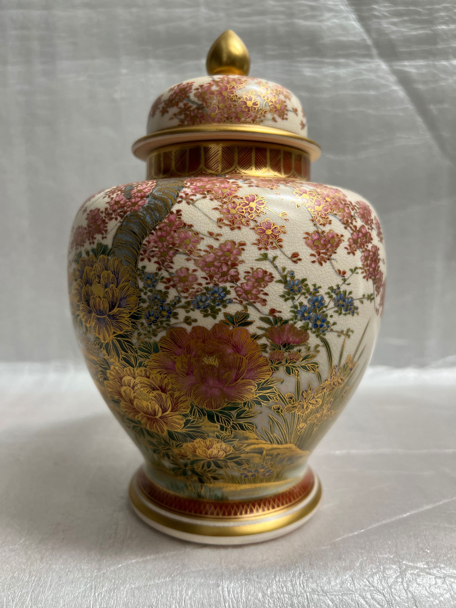 Japanese Satsuma Hand Painted Floral Ginger Jar with Lid 9" T (1 of 4)