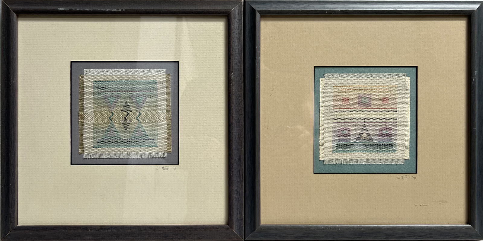 Pair of Lynn Thor Framed Woven Artworks Signed and Dated (1 of 3)