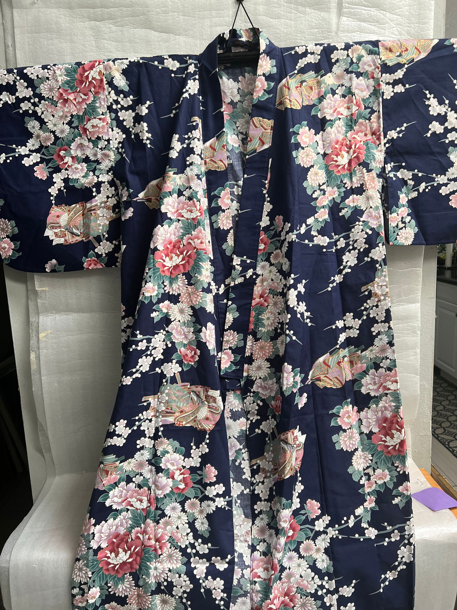 Vintage Blue Kimono Dressing Robe Cherry Blossoms Lounge New Condition Size Large (1 of 6)