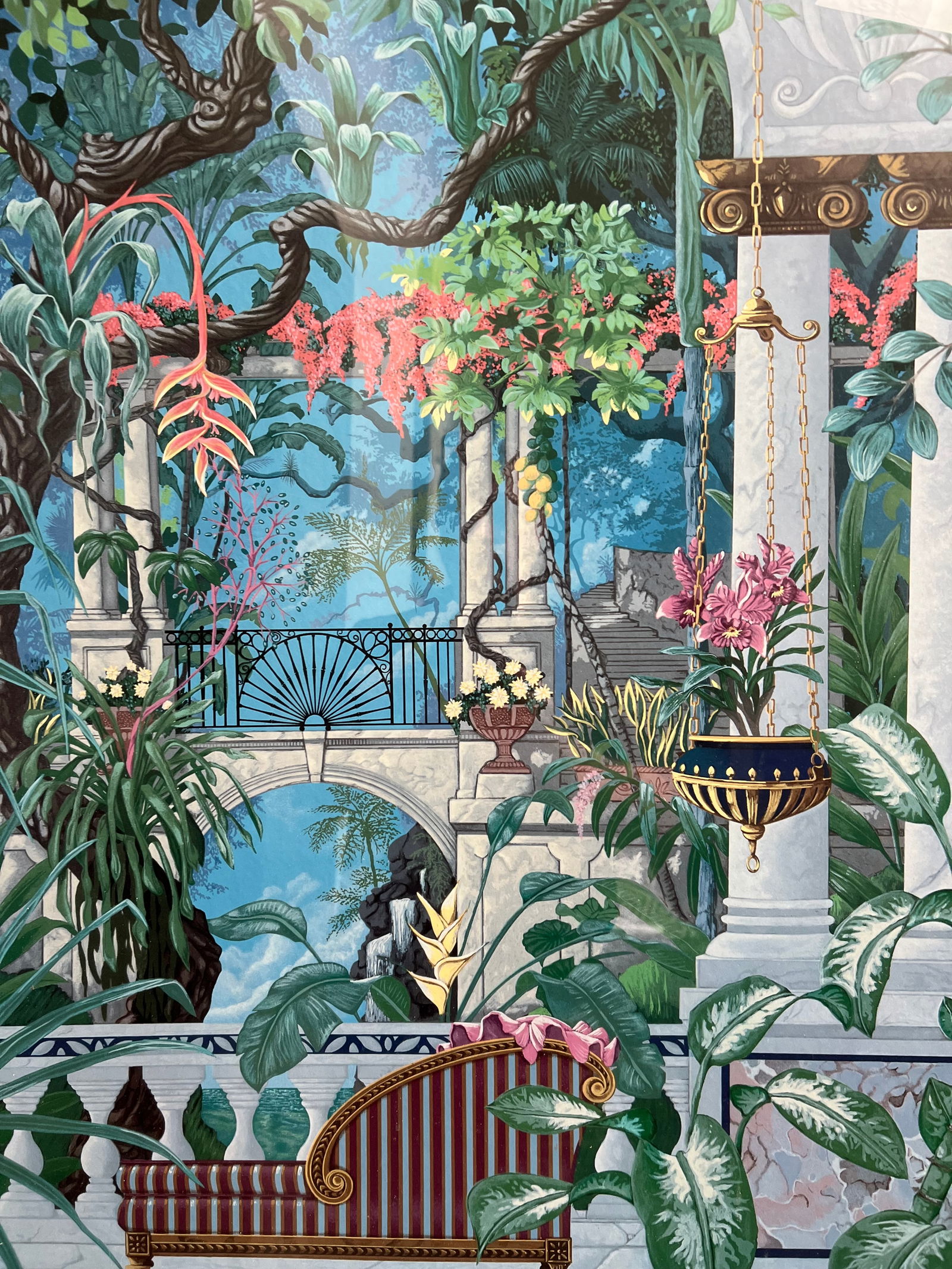 John Kiraly "Casa Paradisco", Large Litograph White Lacquer Frame: This stunning print by artist John Kiraly titled "Casa Paradisco" is a must-have for any art enthusiast. The large size of 40x33 inches and white lacquer frame make it a striking addition to any room.