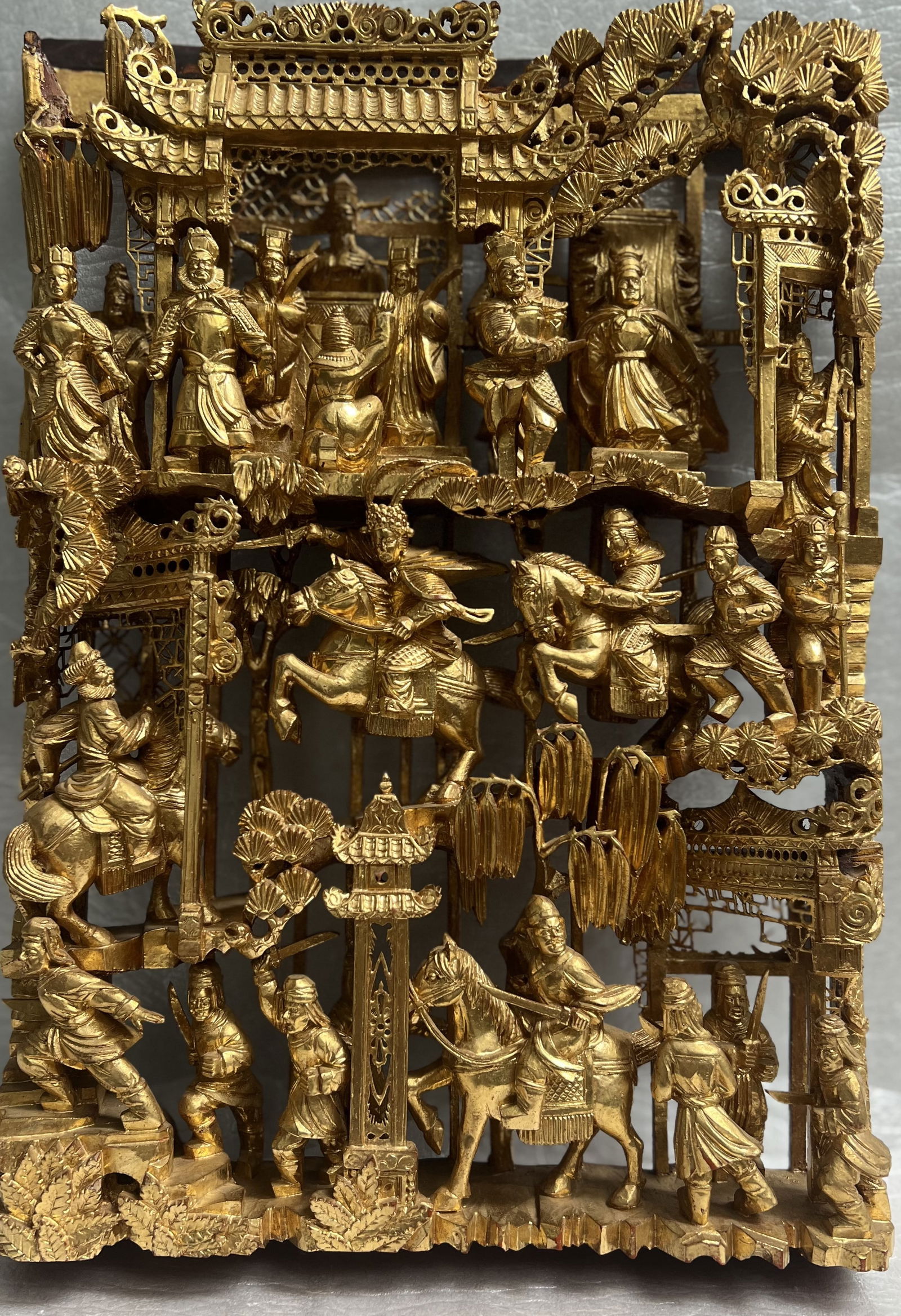 Early 20th C Carved Gilt Wood Chinese War Scese Panel Deep Relief (1 of 6)