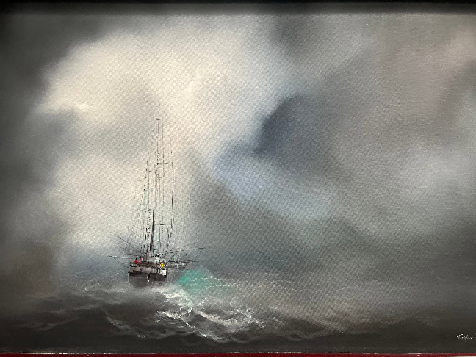 Petrina Easton (B1977) Large oil on canvas " Ship at Sea" Signed Lower Right: This beautiful painting by Petrina Easton is a true masterpiece. Created on canvas, it features a stunning image of a ship at sea. The artwork is signed by the artist, and measures 34 inches in height