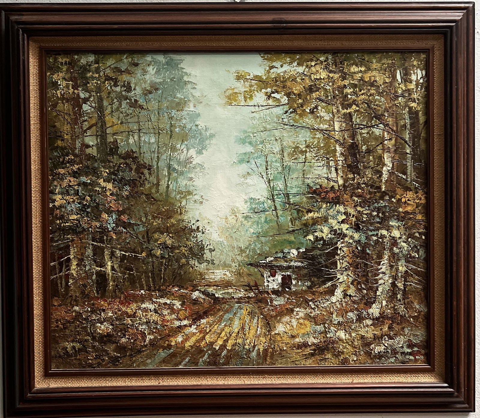 STUNNING OIL ON CANVAS SIGNED BY LISTED ARTIST I. A. LEON , A CABIN IN THE WOODS (1 of 4)