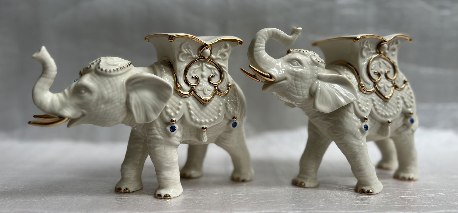 Pair of Lenox Ivory Porcelain Elephant Candle Holders W Jewels & 24K Gold accents (1 of 6)