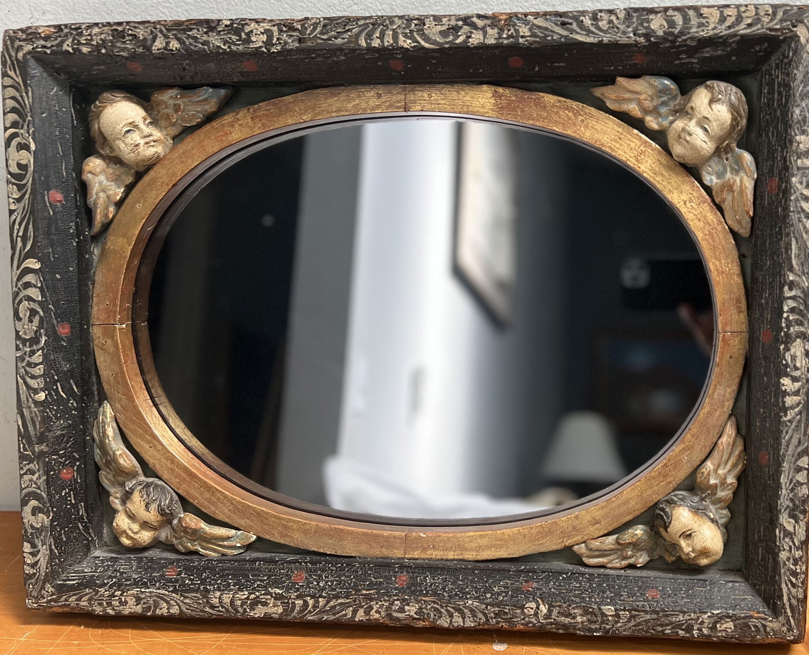 Antique Norwegian Wood Framed Mirror With 4 Carved Angles Early 20th Century (1 of 5)