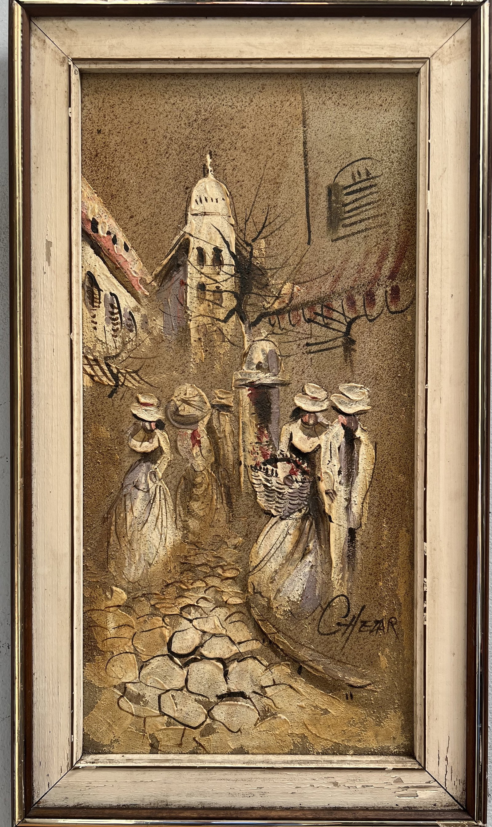 Oil Sand Painting By Artist Boris Chezar Streetscape 1913-2008 Signed: This stunning oil painting by artist Boris Chezar is a true masterpiece. The piece depicts a beautiful streetscape scene , making it a wonderful addition to any art collection. The painting is signed 