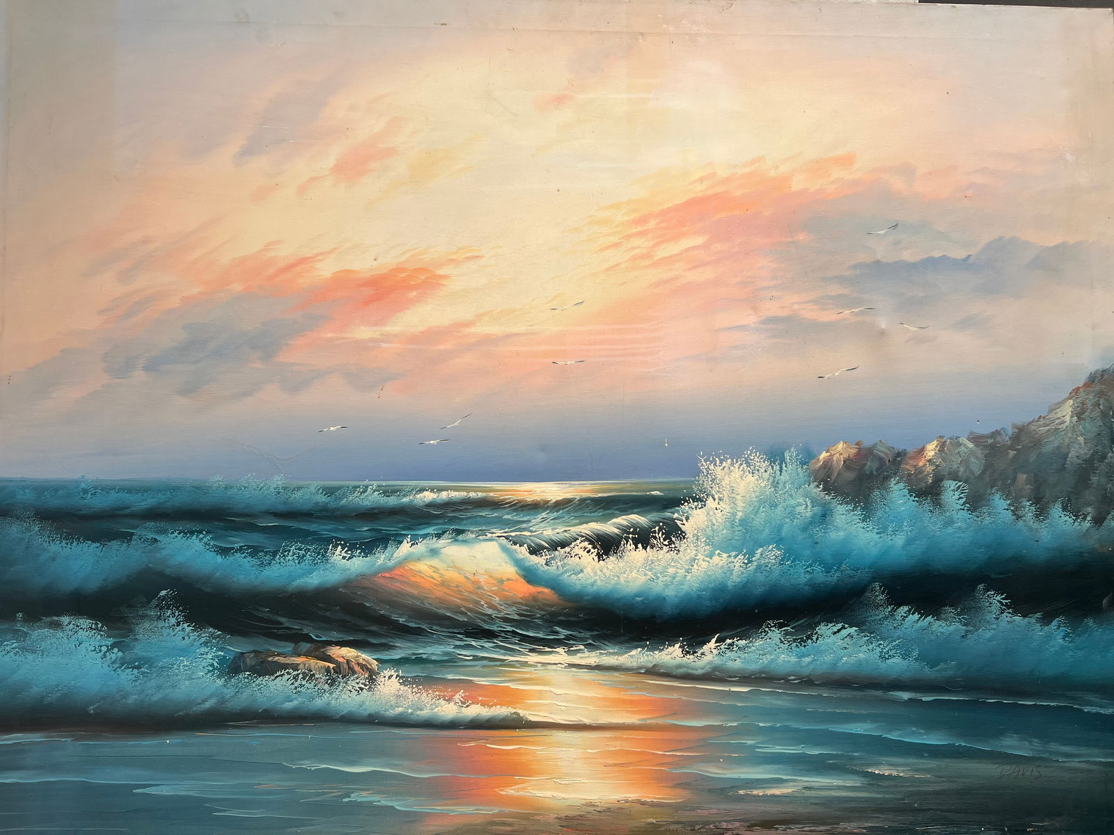 Oil Painting Original  Ocean at Sunset Breaking Waves by th Artist Davis 36 x 48 (1 of 4)