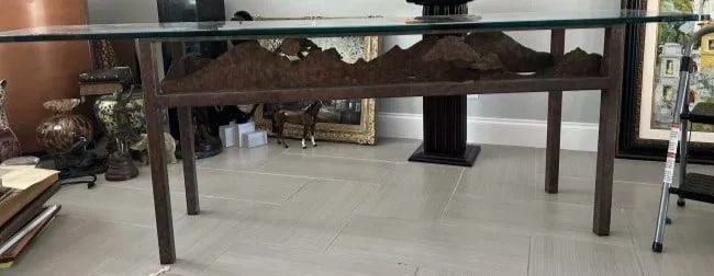 WROUGHT IRON BASE GLASS CONSOLE TABLE (1 of 3)