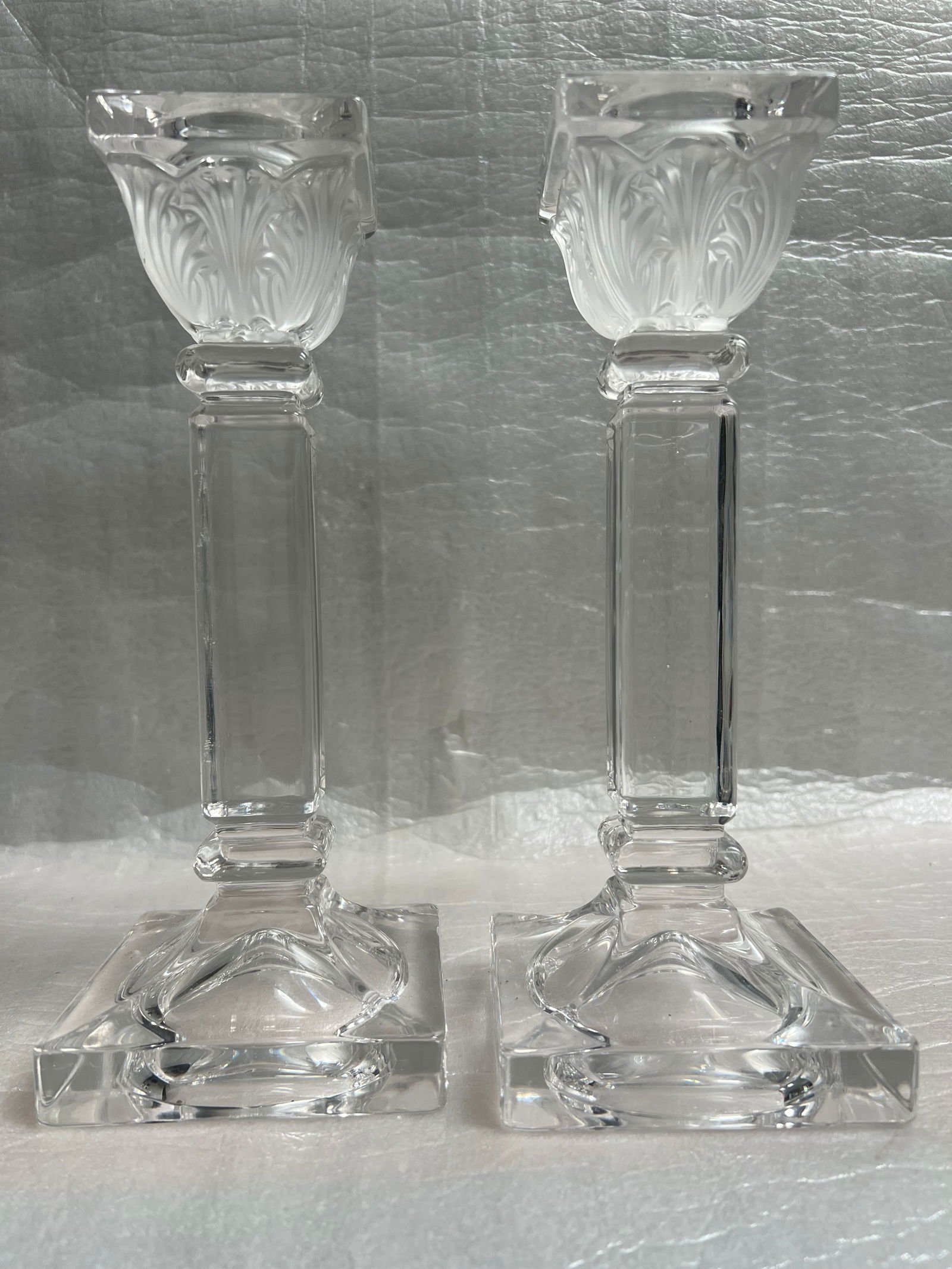 PAIR ETCHED GLASS CANDLESTICK CANDLE HOLDER FLORAL ETCHING 9.5" TALL (1 of 4)