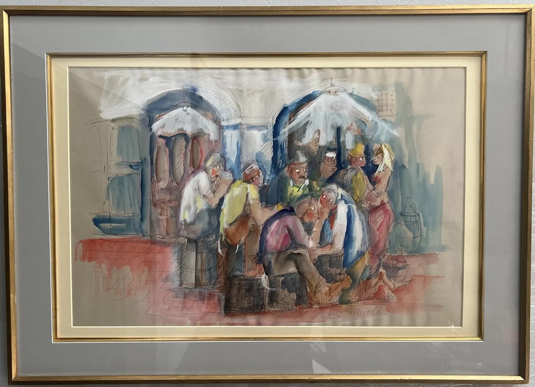 GELINDO BARON (b. 1948) Italian Contemporary Artist Stunning Watercolor on Paper: This exquisite watercolor painting on paper, created by renowned contemporary artist Gelindo Baron, captures the hustle and bustle of a busy city corridor, featuring men at the dock. The stunning piec