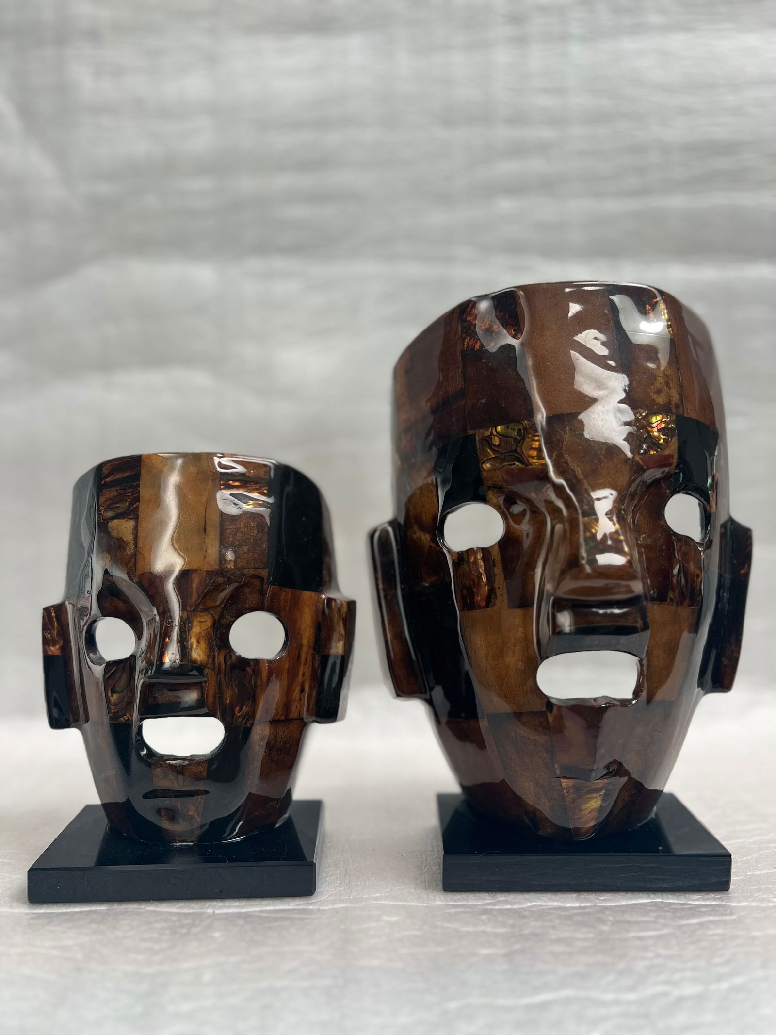 Hand Crafted Pair of Stone Shell Mexican Mayan Mask Semi Precious Stone Decor (1 of 5)