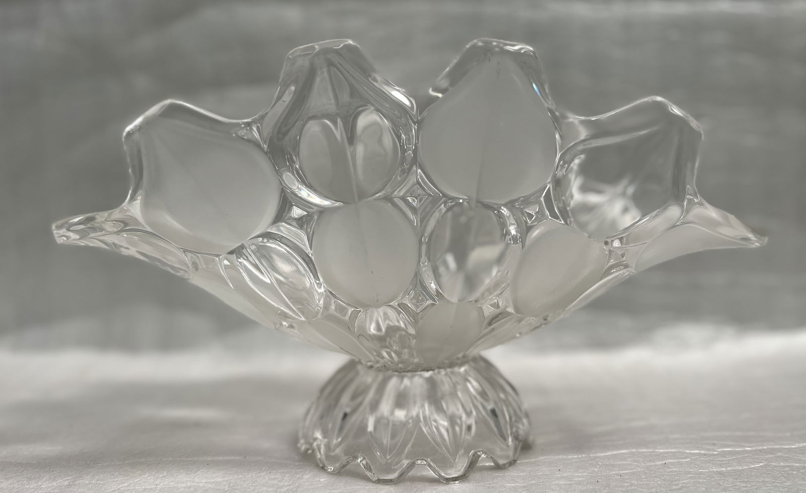 Vintage Frosted Tulip Centerpiece Glass Bowl Hand Crafted from Romania: This vintage frosted tulip centerpiece glass bowl is a beautiful addition to any home decor. Handcrafted in Romania, this centerpiece bowl is made of high-quality glass that adds a touch of elegance t