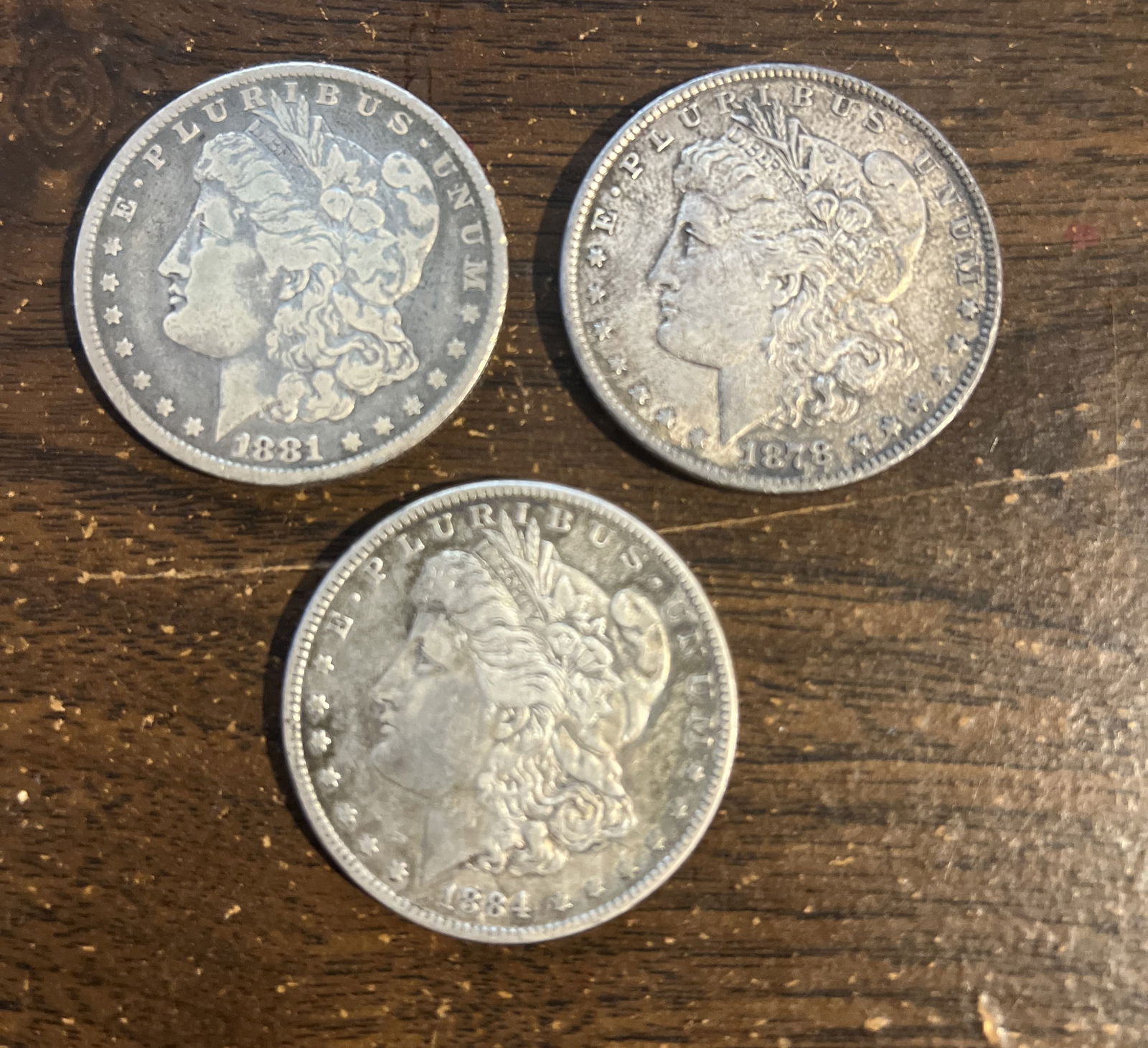 Lot of 3 Morgan Silver Dollars 1873, 1881 O, 1884  Circulated Condition (1 of 2)