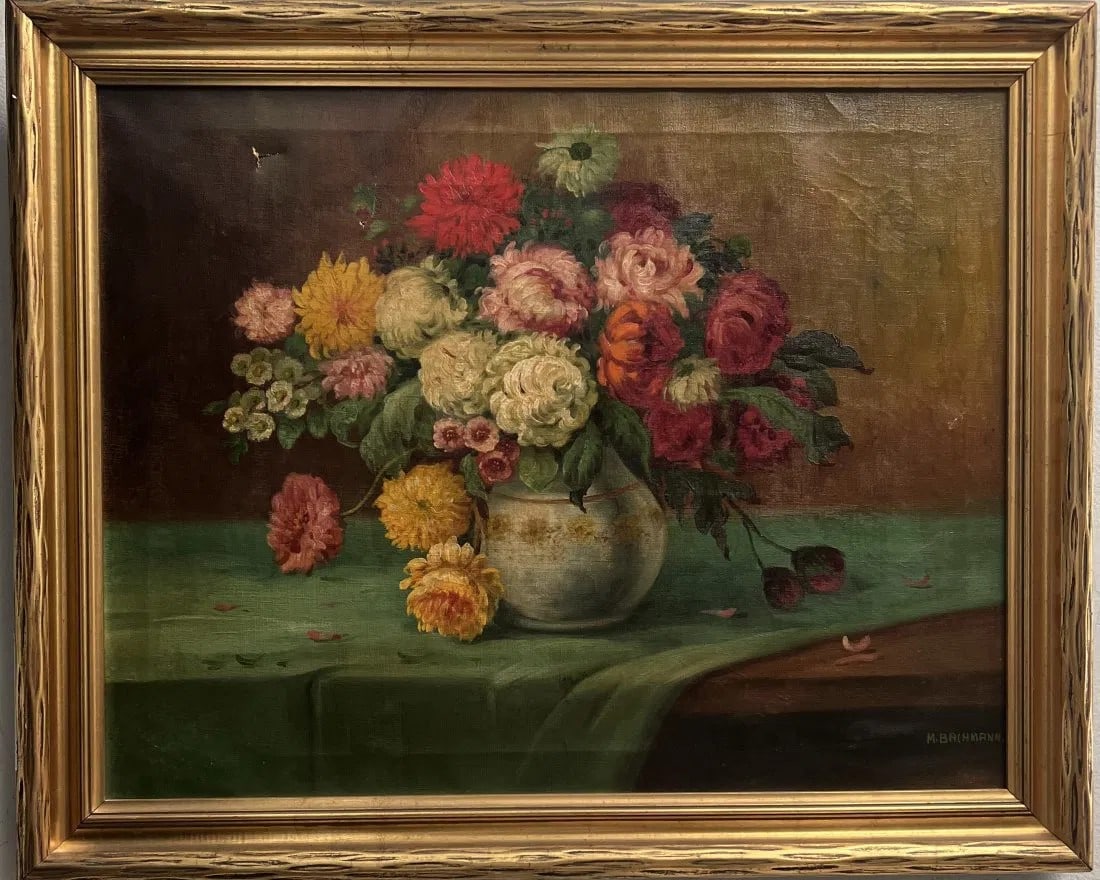 VINTAGE OLD MASTER WORK " FLOWERS IN A VASE" SIGNED BY THE ARTIST M BALHMANN OIL (1 of 5)