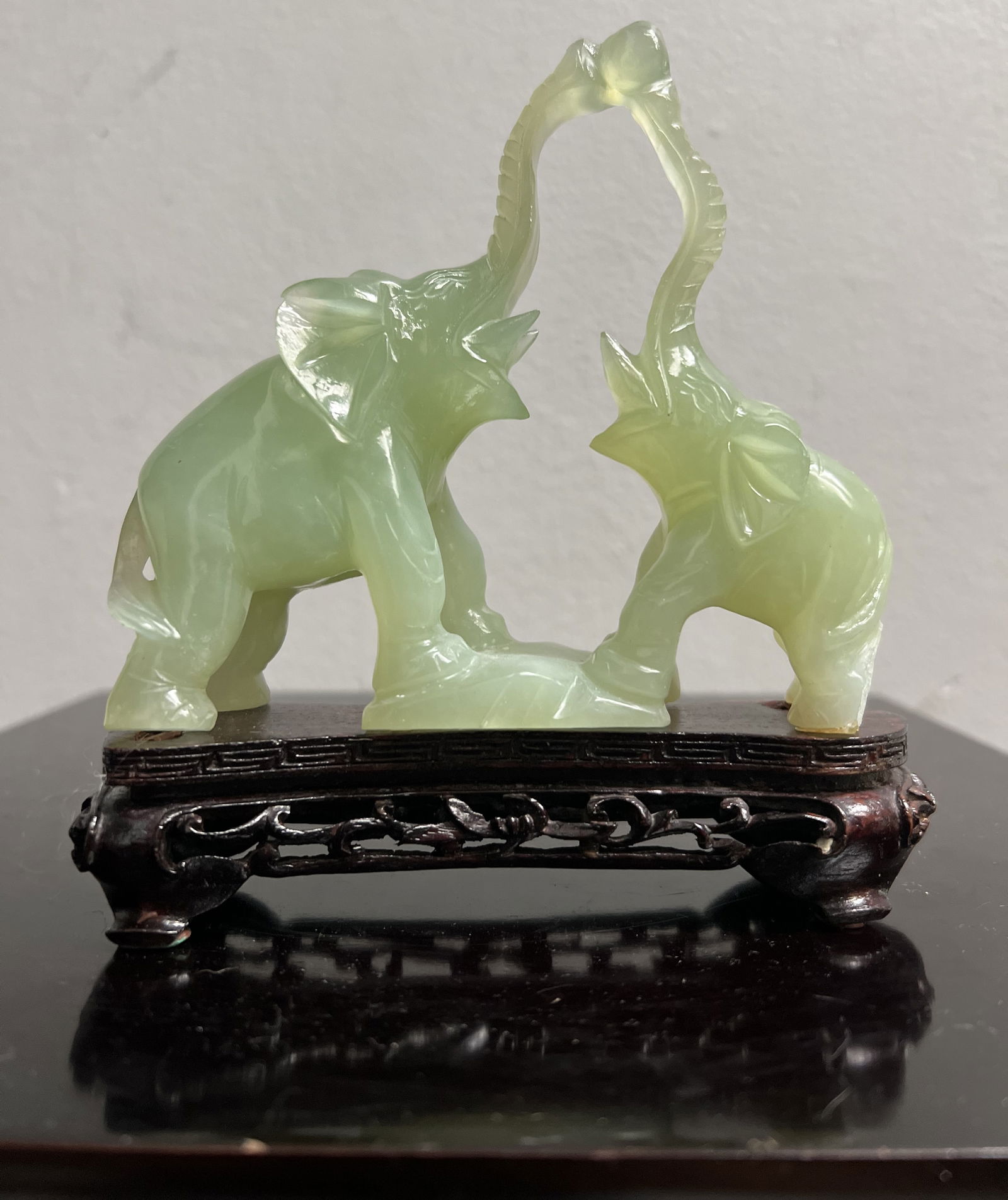 Stunning Chinese Hand Carved Jade Elephants on a Carved Wood Base (1 of 3)