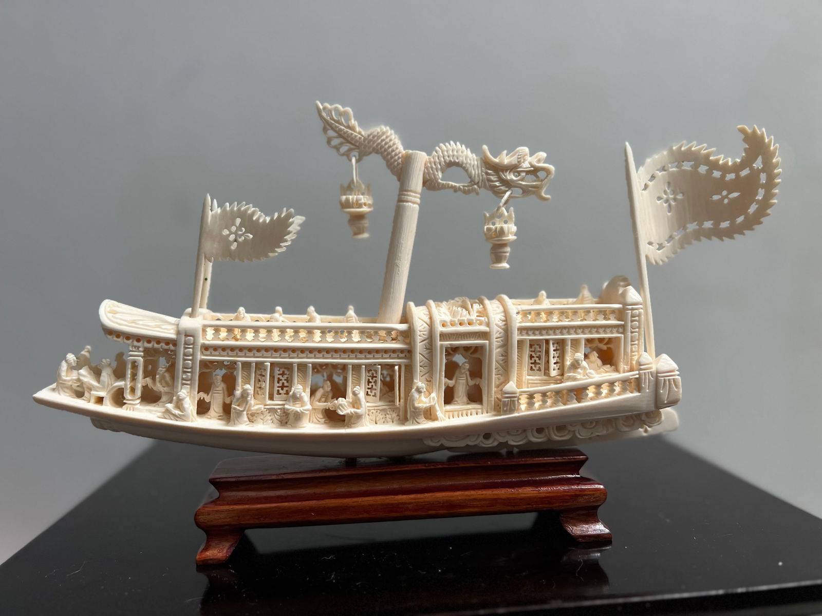 Stunning Chinese Hand Carved Boat on a Wood Base (1 of 6)
