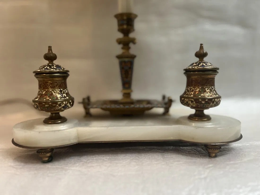 RARE TIBETAN MARBLE W/ PRAYER JARS & LIDS BRASS HAND PAINTED TABLE LAMP (1 of 6)
