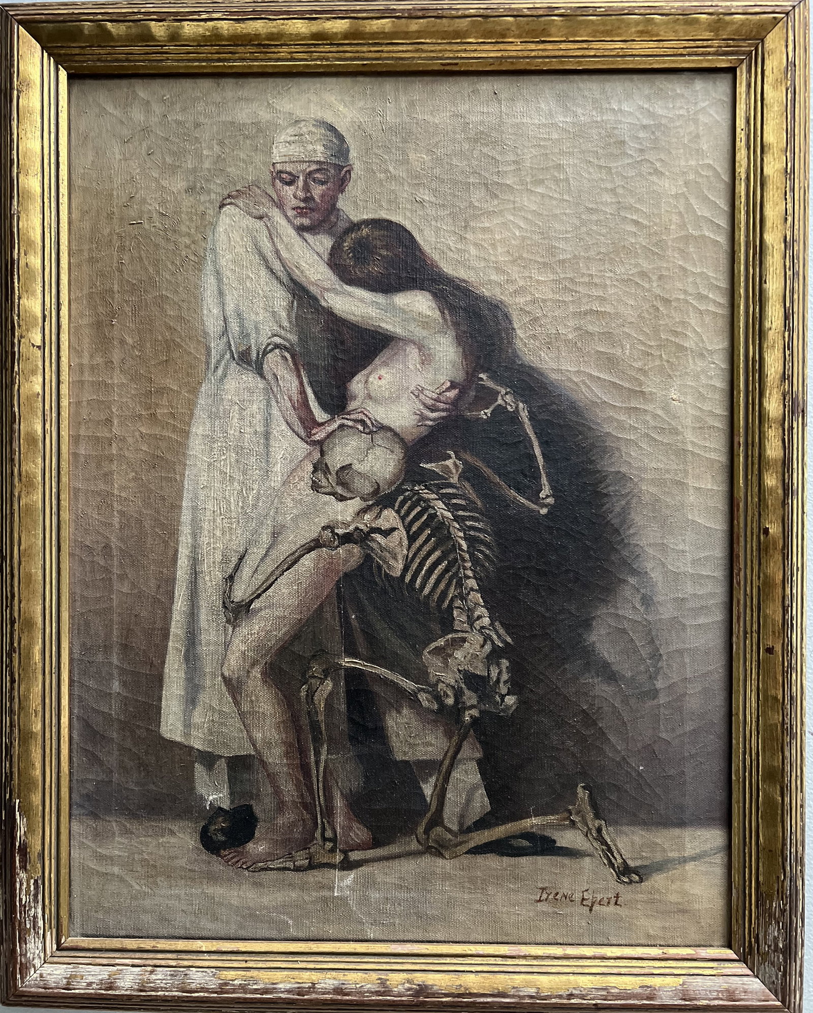 Ivo Saliger ,Painting "The Doctor,The Girl,& The Death Doctor" Signed by Irene Epert: This beautiful painting by Ivo Saliger titled "The Girl & The Death Doctor" is a true masterpiece. Created using oil painting production technique, it features a stunning impressionist style that is s