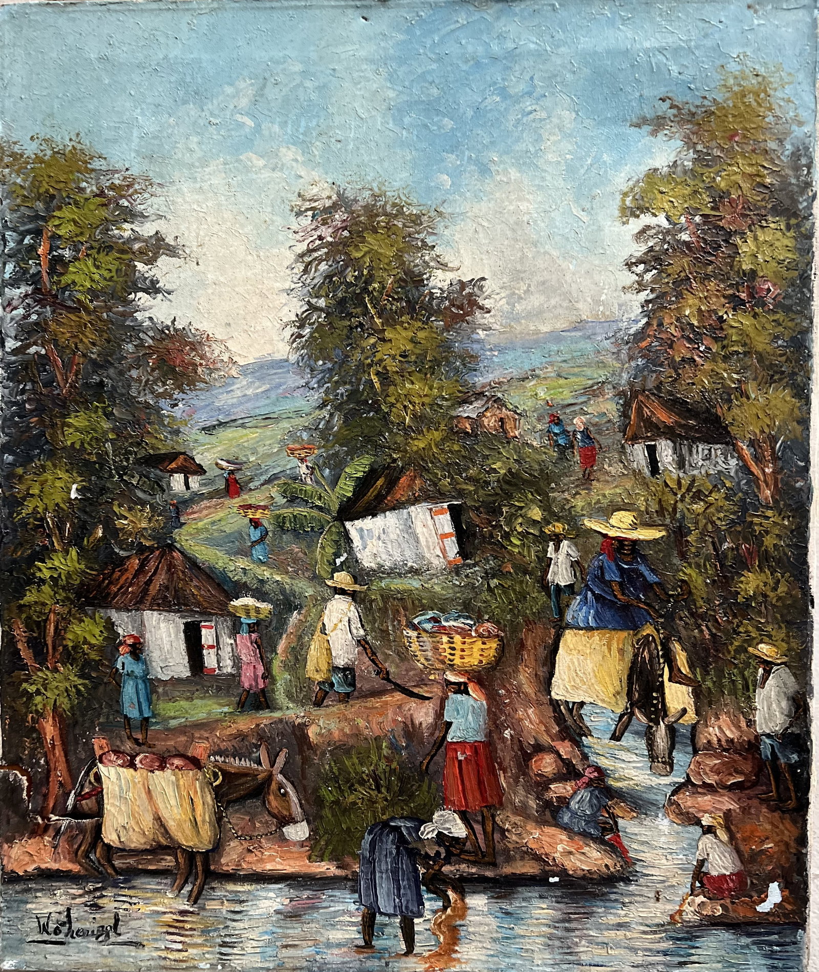 Vintage Work from the Dominica Republic, Oil on Canvas Signed & personalized: This unique piece of art is a stunning impressionist painting done with oil on canvas. The painting depicts a beautiful village scene from the Dominica Republic, and is signed and personalized by the 