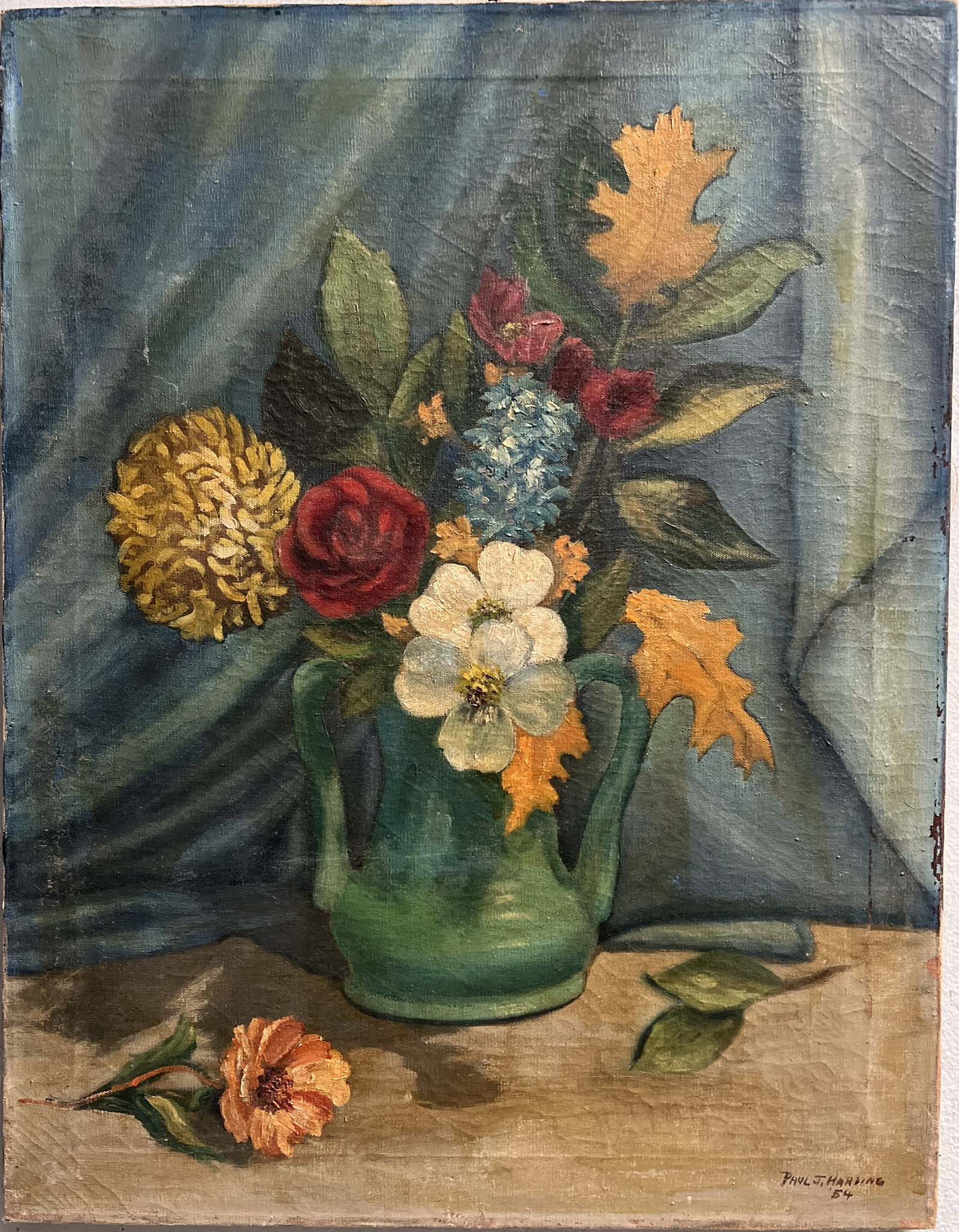 Paul J Harding Mid Century Oil on Canvas Signed and Dated: This beautiful painting by Paul J Harding is a one-of-a-kind piece created in 1954 using oil on canvas. The artwork features an impressive impressionist style with a stunning flower subject. The paint