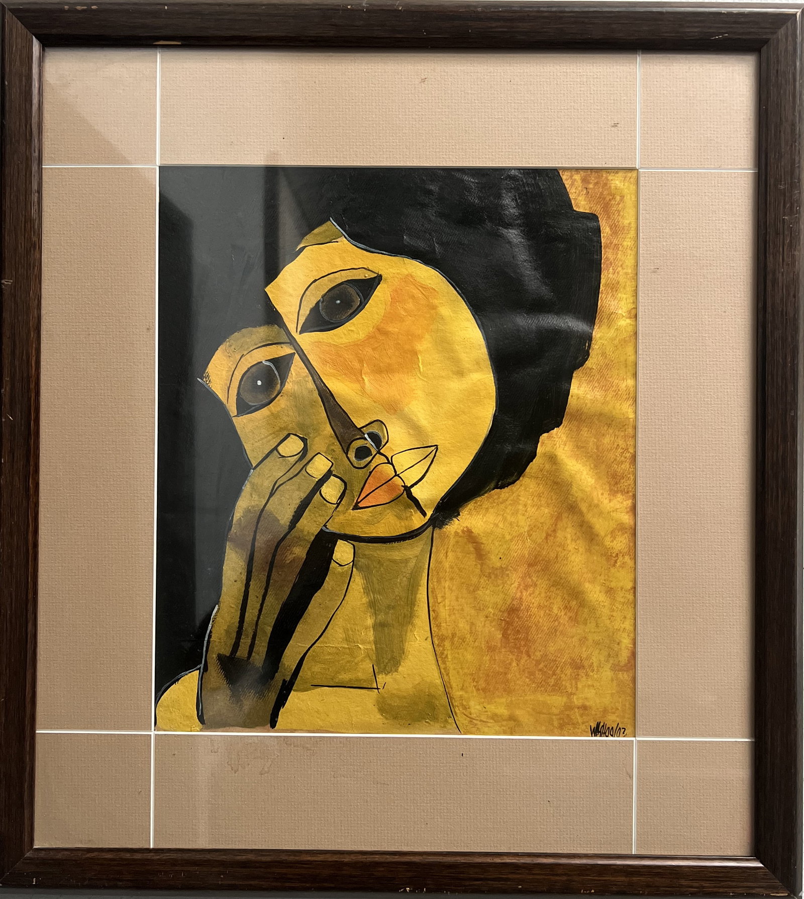 Oswaldo Guayasamin (1919 - 1999) in the manner of , USA & Ecuador , Oil on Paper: This beautiful painting by Oswaldo Guayasamin is a true masterpiece. Created in the 1980s, this oil on paper artwork depicts a stunning woman in a contemporary style. The painting measures 23 inches i