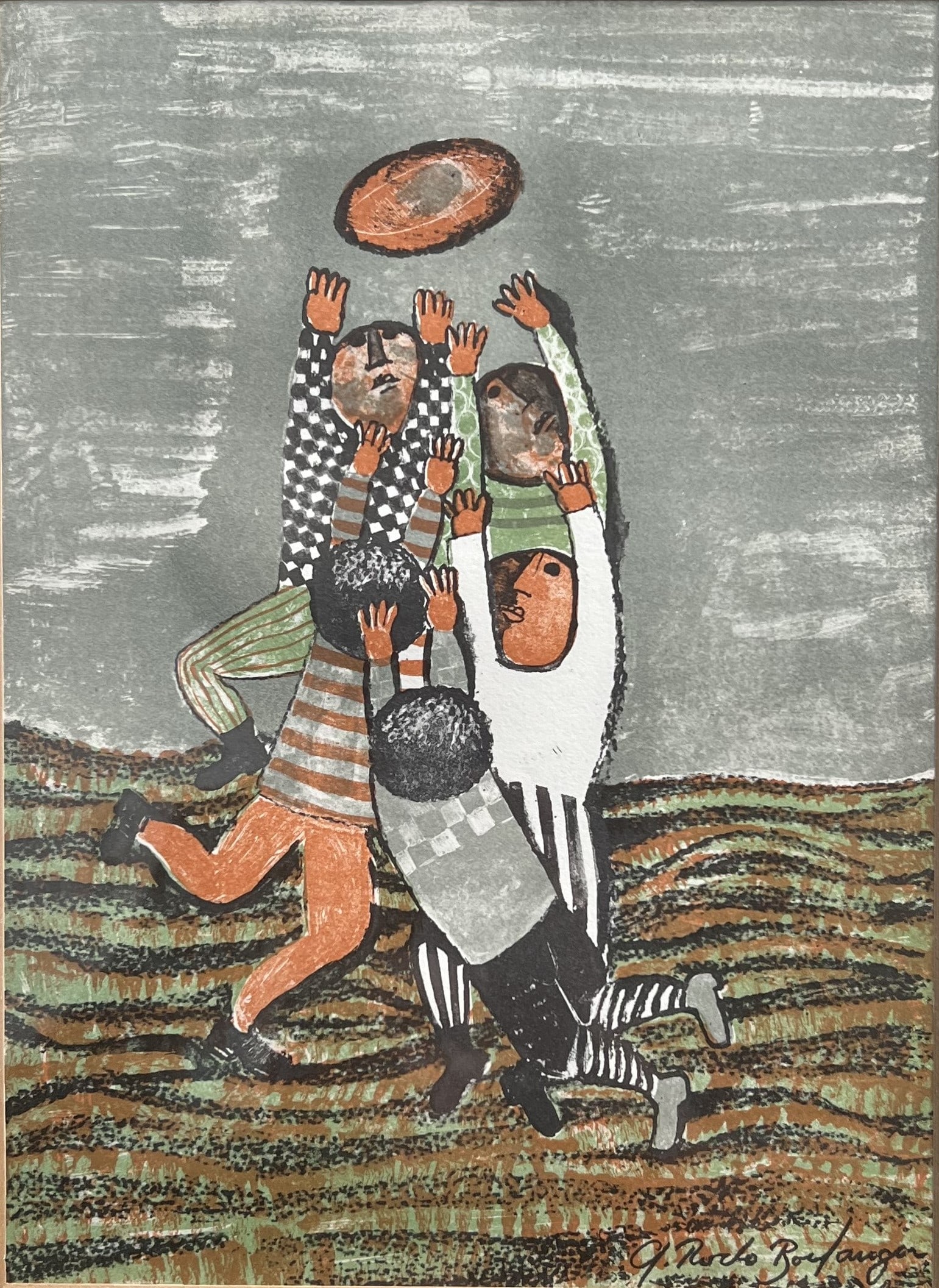 Graciela Rodo-Boulanger Rugby Players Signed w COA: This beautiful artwork by Graciela Rodo-Boulanger is a must-have for any art lover. The piece features a stunning landscape orientation with a medium size, and is signed by the artist herself with a C