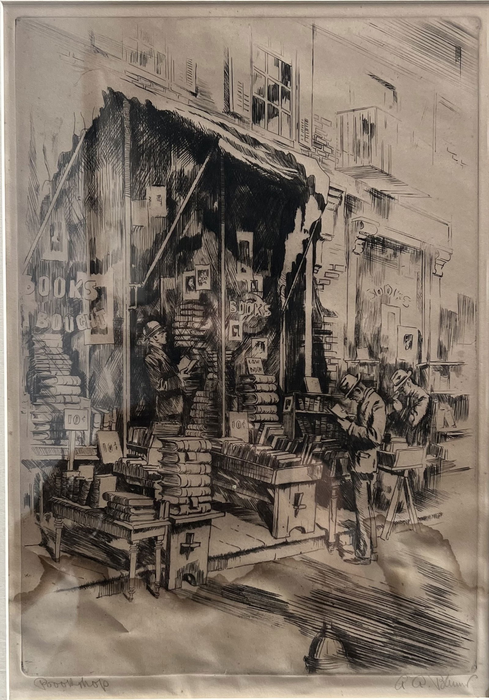 "Old Bookstore" Vintage Etching by Alexander Aladar Blum Hand Signed in Pencil (1 of 3)